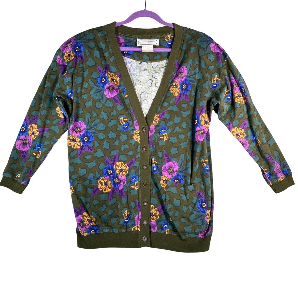 Vtg Adrienne Vittadini Sweater Cardigan Olive Green Floral Leopard Button Up M